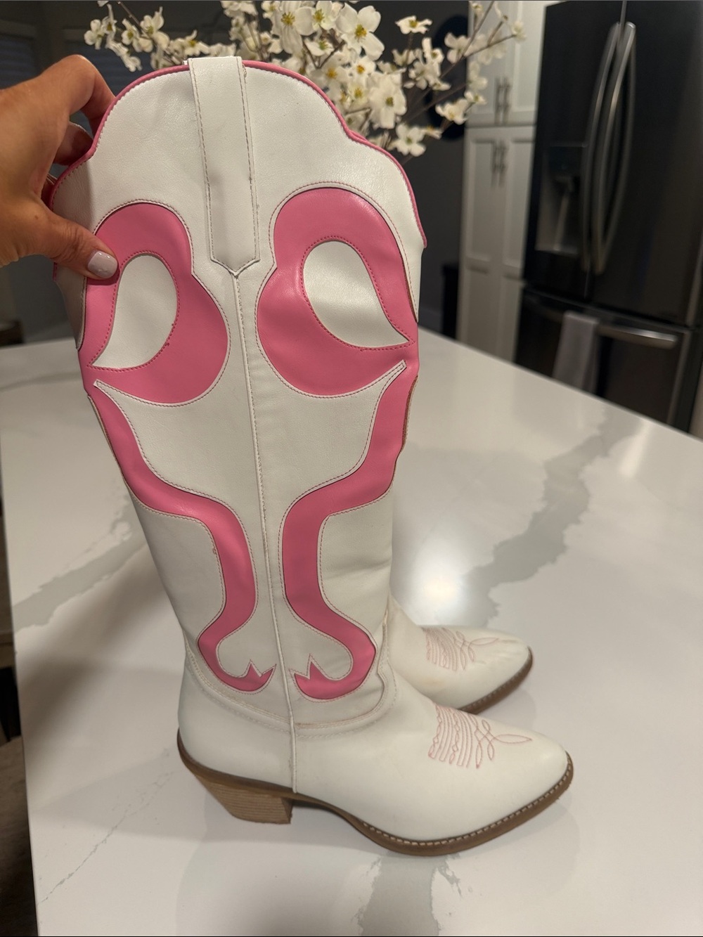 Source Unknown White and Pink Lace-Up Western Knee-High Boots